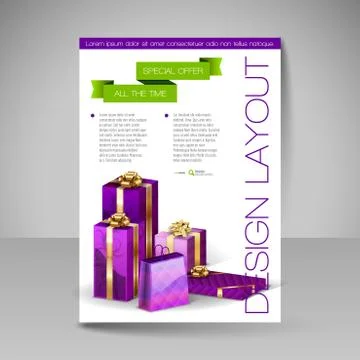 Vector Brochure Design Template with purple Christmas Gifts. Stock Illustration
