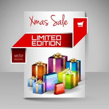 Vector Brochure Design Template with Red Christmas Gifts. Stock Illustration