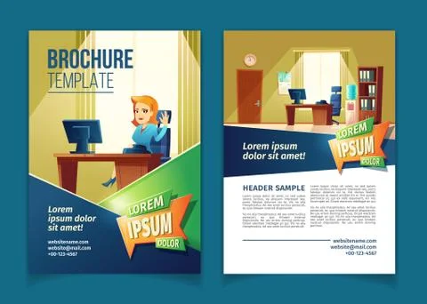 Vector brochure template with cartoon office, secretary 스톡 일러스트