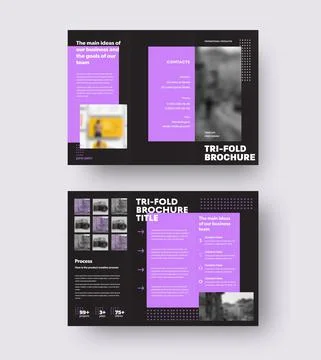 Vector brochure template with geometric purple design, arrows, trifold on bla Stock Illustration