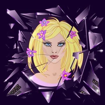 Vector broken glass with reflection of cute girl. Emotional illustration Stock Illustration