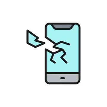 Vector broken smartphone, phone crashed flat color line icon. Stock Illustration