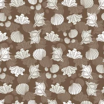 Vector brown and white repeat pattern with seashells. Perfect for fabric, scr Stock Illustration