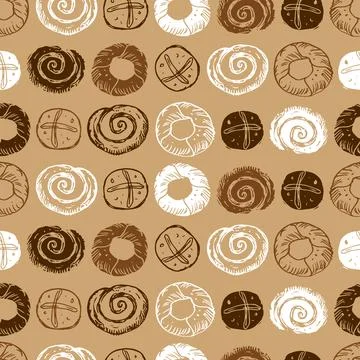 Vector brown hand drawn cinnamon roll, sweet buns and donut seamless repeat p Stock Illustration