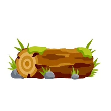 Vector brown log with green moss and stone. Building wood material Ilustración de archivo
