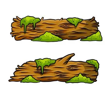 Vector brown log with green moss. Building wood material, natural element. Ilustración de archivo