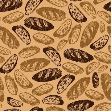 Vector brown scattered doodle slice frence loaf bread repeat pattern. Perfect Stock Illustration