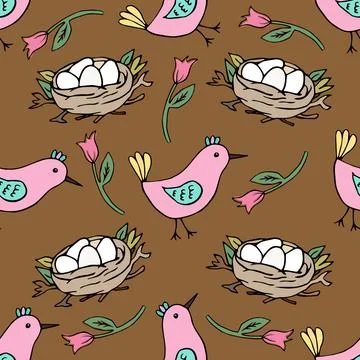 Vector brown seamless pattern with nest and pink birds. Hand drawn spring easter Stock Illustration