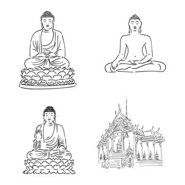 Vector Buddha in line hand drawn sketch style on white background Stock Illustration