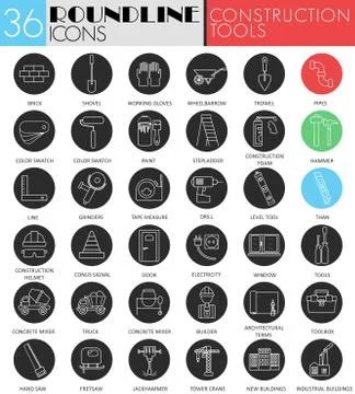 Vector building and construction tools circle white black icon set. Modern line Ilustración de archivo