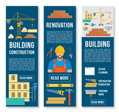Vector building construction work tools banners Stock Illustration