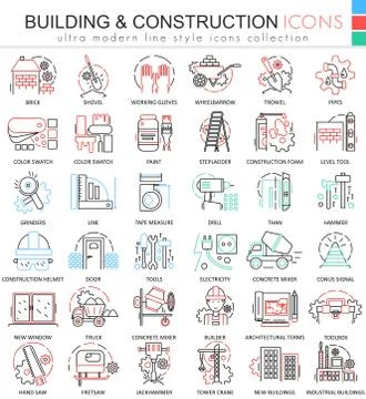 Vector building constructions color line outline icons for apps and web design Stock Illustration