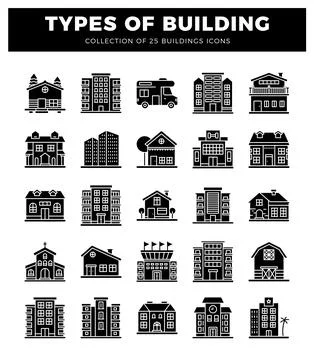 Vector building icons in black silhouette on white background. Ilustración de archivo