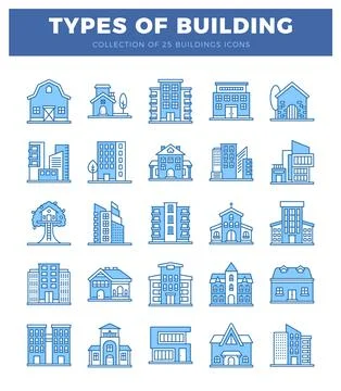 Vector building icons with blue outlines on white background Ilustración de archivo