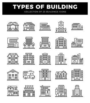 Vector building icons collection with 25 different structures and styles on.. Ilustración de archivo