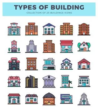 Vector building icons collection. diverse structures with flat design eleme.. Ilustración de archivo