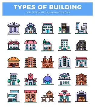 Vector building icons collection diverse architecture types illustrated in .. Ilustración de archivo