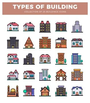 Vector building icons. flat design with colorful outlines. displayed on a w.. Illustrazione stock