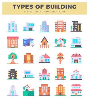 Vector building icons in flat illustration style with urban and suburban se.. Stock Illustration