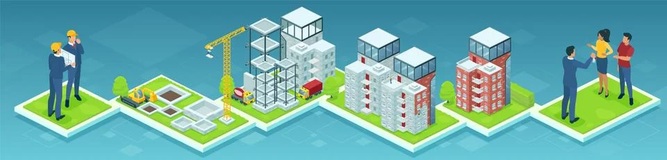 Vector of a building process of a high-rise condo from engineer planning to c Ilustración de archivo