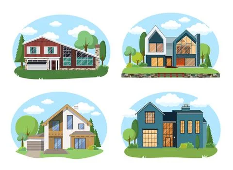 Vector Buildings Set. Flat Design Houses set Isolated on White Background. Stock-Illustration