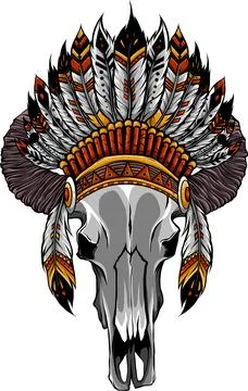 Vector bull wearing indian hat, for editable tattoo Stock Illustration