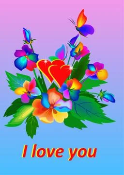 Vector bunch of bright flowers, some butterflies and words I love you Stock Illustration
