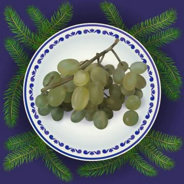 Vector bunch of grapes on plate illustration Stock Illustration