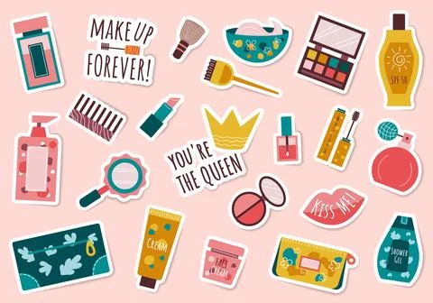 Vector Bundle of flat beauty products, makeup, bags, slogans. Illustrazione stock