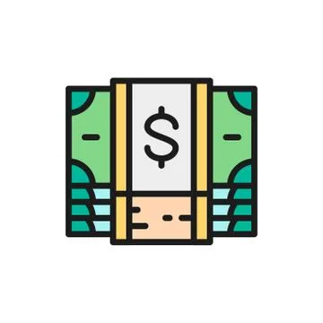 Vector bundle of money, cash, dollar, banknote flat color line icon. Stock Illustration