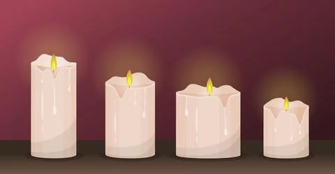 Vector burning candles with dripping or flowing wax. Flat candles with golden Stock Illustration