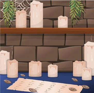 Vector burning candles with dripping or flowing wax. Flat candles with golden Stock Illustration