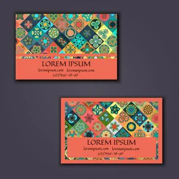 Vector Business card Design Template with Ornamental geometric mandala patt.. Stock Illustration