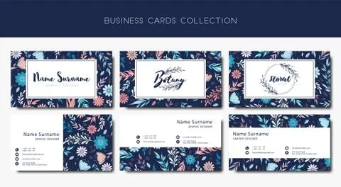 Vector business cards collection with pattern from hand drawn floral elements Stock Illustration