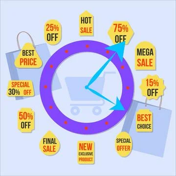 Vector Business Concept Clock shows on discounts and sale A set of discount.. Stock Illustration