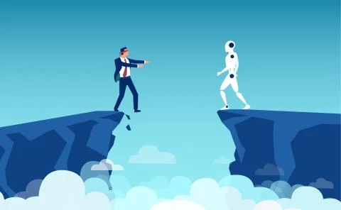 Vector of a business man about to fall of a cliff and a robot looking at him  Stock Illustration