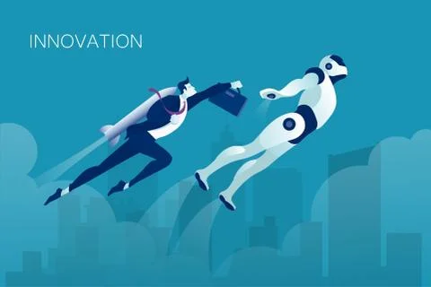 Vector of a business man and robot team working flying up Stock Illustration