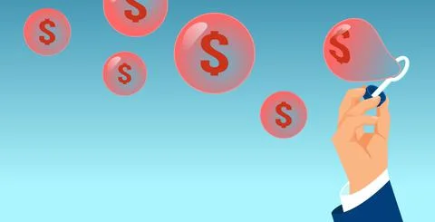 Vector of a business man blowing dollar bubbles on blue background . Illustrazione stock