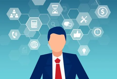 Vector of a business man communicating in a computer network, multitasking su Stock Illustration