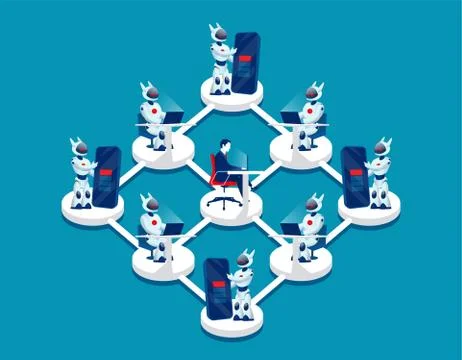 Vector of a business man controlling managing a network of robots Illustration