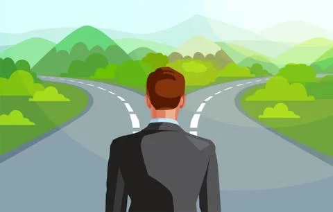 Vector of a business man in front of two roads deciding which way to go in li Stock Illustration