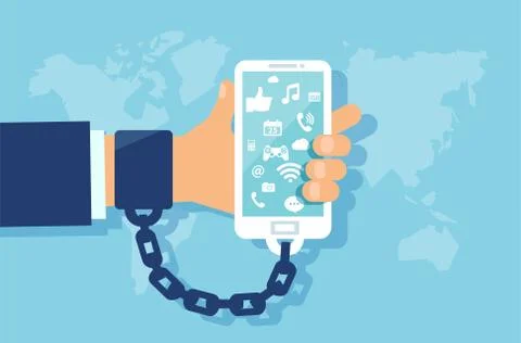 Vector of a business man hand chained to the phone with multiple social media Stock Illustration