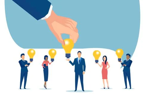 Vector of a business man hand picking idea light bulb from one of the company Stock Illustration