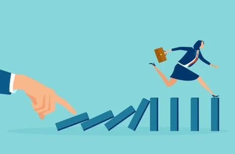 Vector of a business man hand pushing dominoes and a businesswoman running aw Stock Illustration
