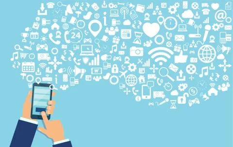 Vector of a business man hand using multiple smartphone apps browsing network Illustrazione stock