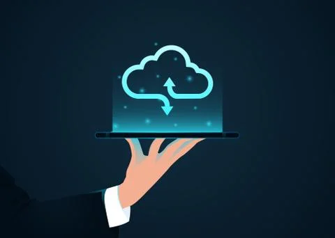 Vector of a business man holding a tablet computer with cloud icon above 스톡 일러스트