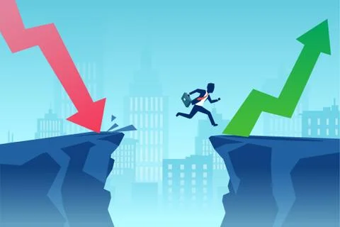 Vector of a business man jumping over a cliff to overcome financial crisis Stock Illustration