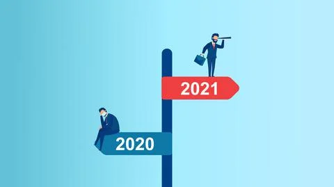 Vector of a business man looking into future leaving behind difficulties of t Stock Illustration