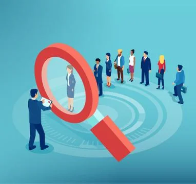 Vector of a business man looking through magnifying glass at job applicants r Stock Illustration