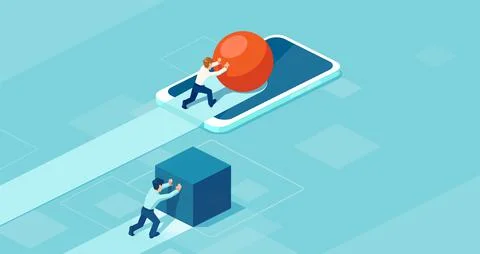 Vector of a business man pushing a sphere using mobile technology leading the Stock Illustration